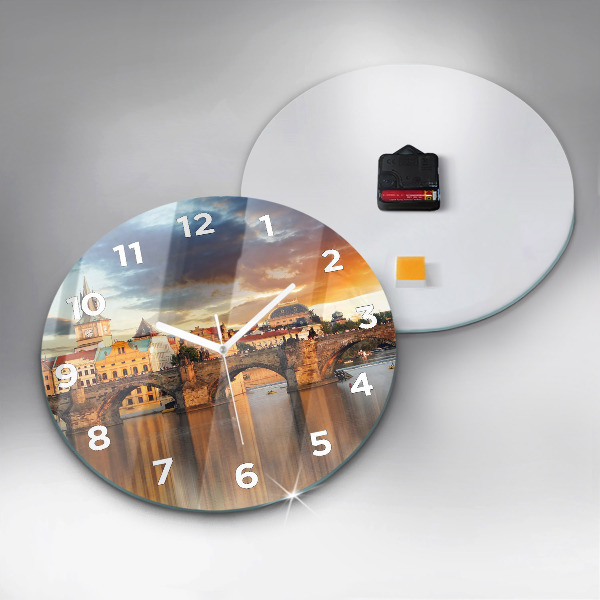 Round glass clock Panorama over the river