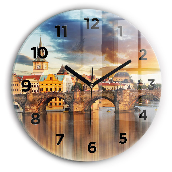 Round glass clock Panorama over the river