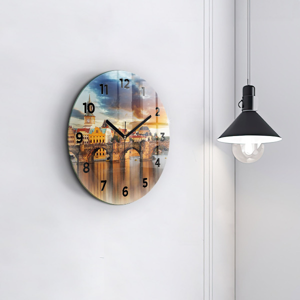 Round glass clock Panorama over the river