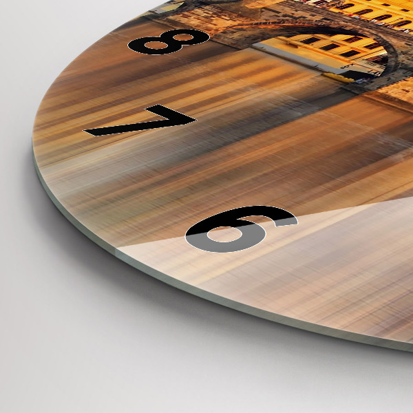Round glass clock Panorama over the river