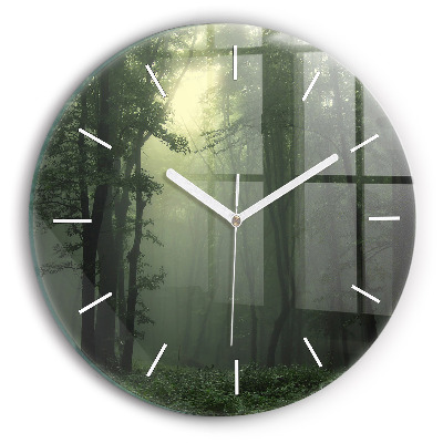 Round glass clock Misty forest in the morning