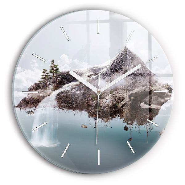 Round glass clock Flying Island and Waterfall