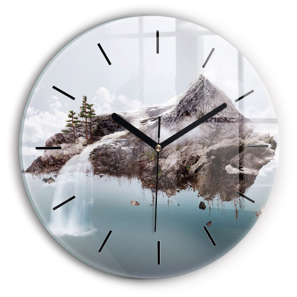 Round glass clock Flying Island and Waterfall