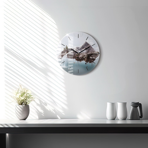 Round glass clock Flying Island and Waterfall