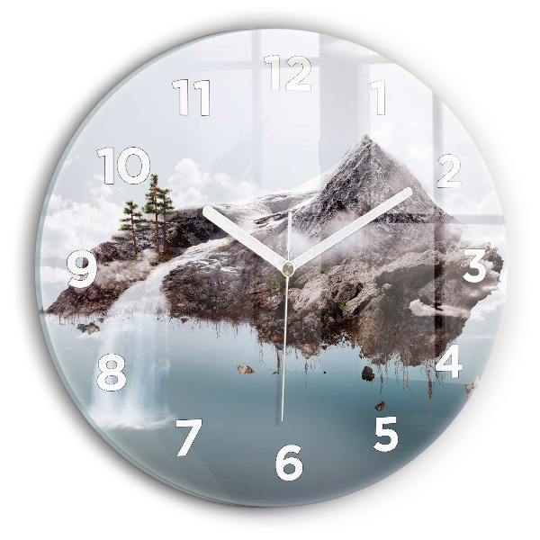 Round glass clock Flying Island and Waterfall