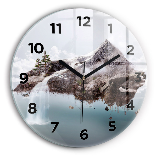 Round glass clock Flying Island and Waterfall
