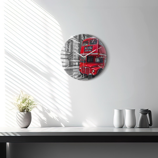 Round glass clock Red double-decker bus
