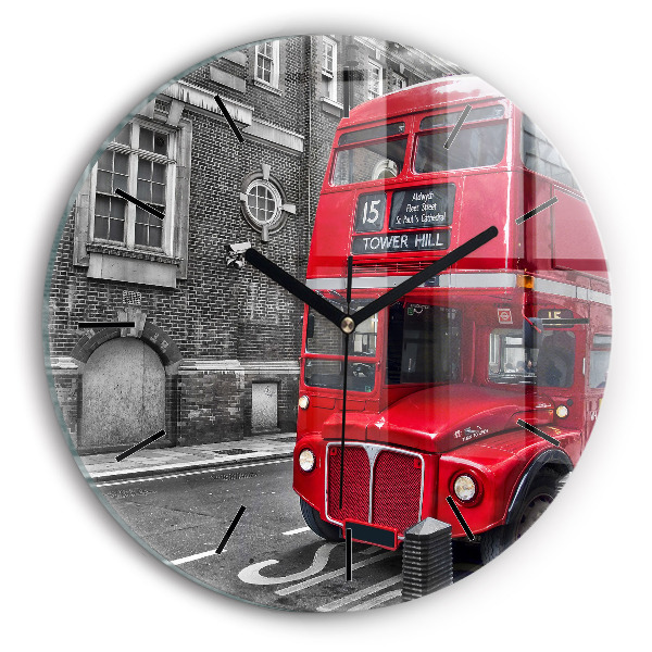 Round glass clock Red double-decker bus