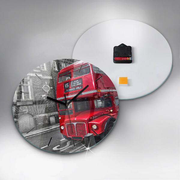 Round glass clock Red double-decker bus