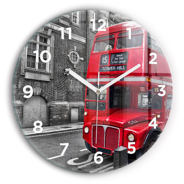 Round glass clock Red double-decker bus