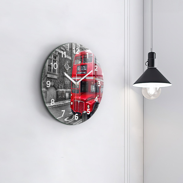 Round glass clock Red double-decker bus