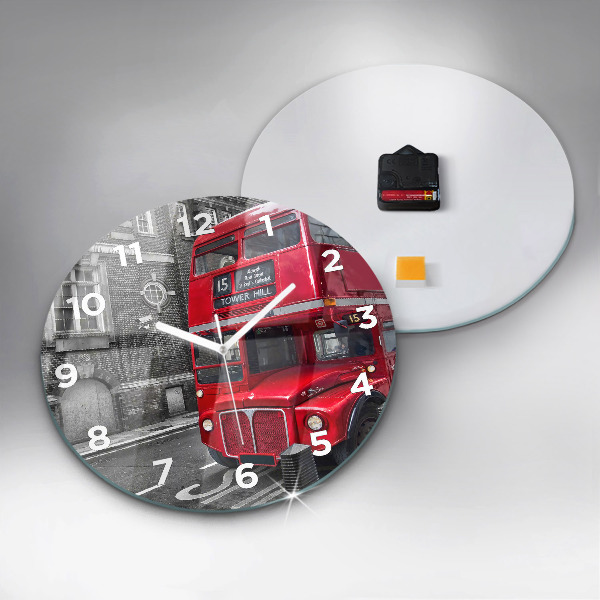 Round glass clock Red double-decker bus