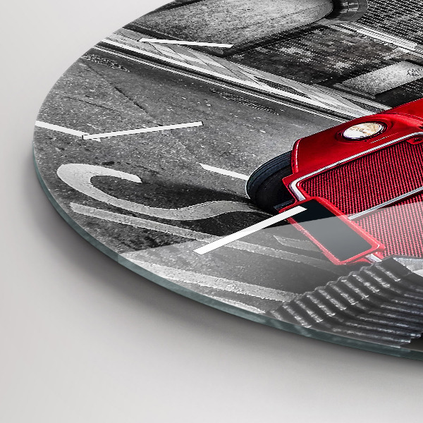 Round glass clock Red double-decker bus