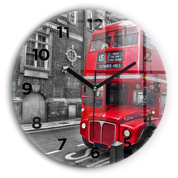 Round glass clock Red double-decker bus