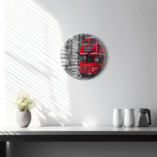 Round glass clock Red double-decker bus