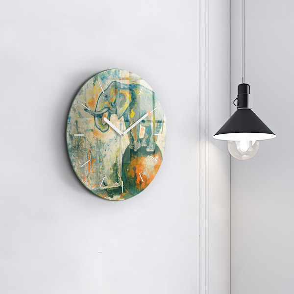 Round glass clock Painted elephant posture