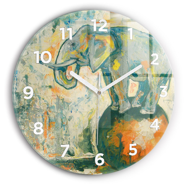Round glass clock Painted elephant posture