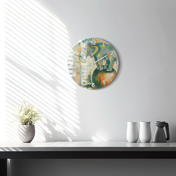 Round glass clock Painted elephant posture