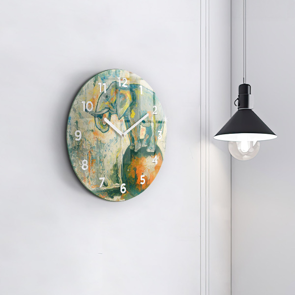 Round glass clock Painted elephant posture