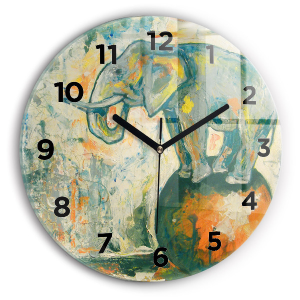 Round glass clock Painted elephant posture
