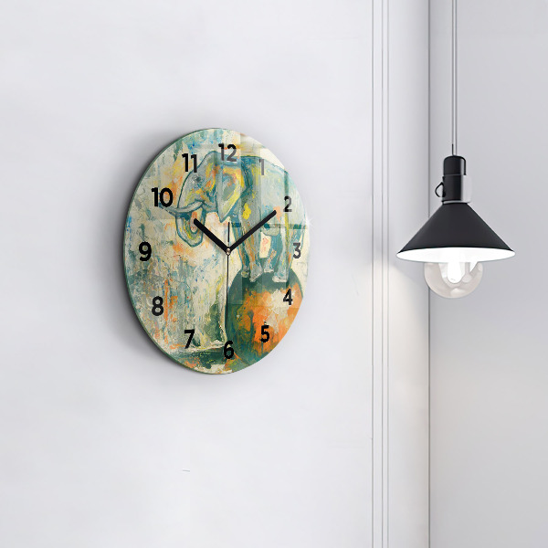 Round glass clock Painted elephant posture