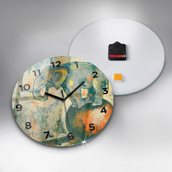 Round glass clock Painted elephant posture
