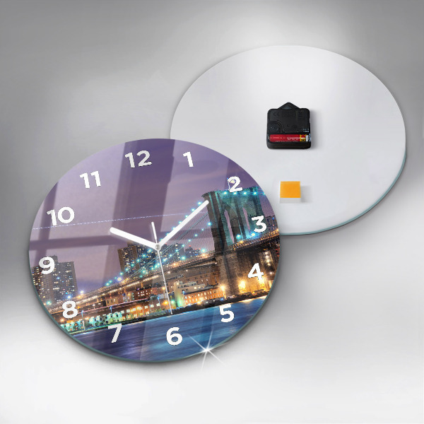Round glass clock Brooklyn Bridge and East River