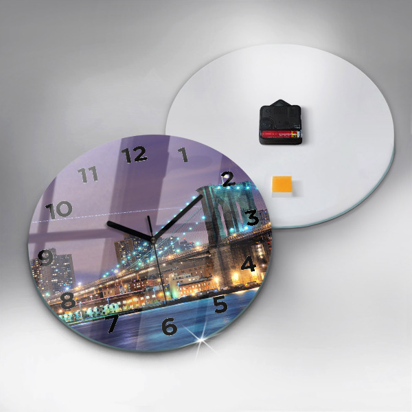 Round glass clock Brooklyn Bridge and East River
