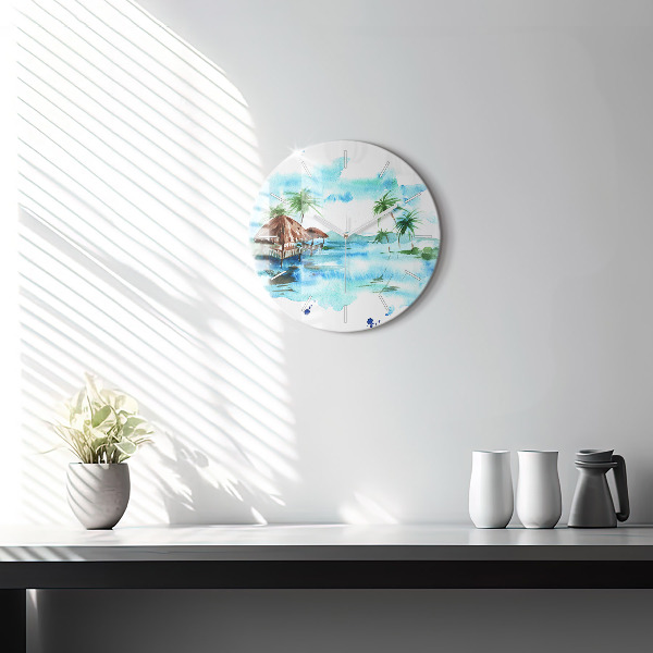 Round glass clock Picture of a deserted island