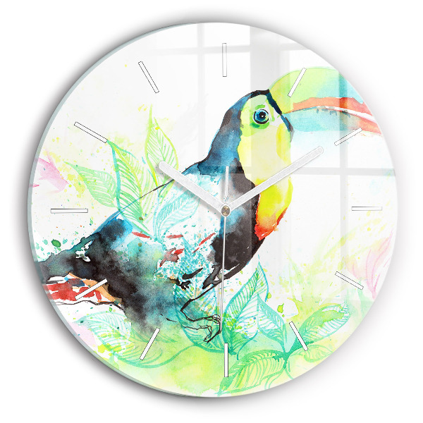 Round glass clock Toucan in the grass