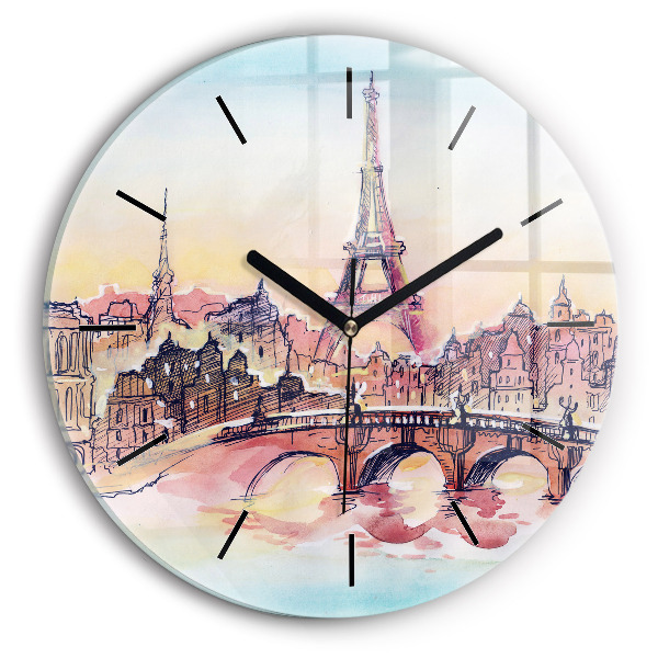 Round glass clock Painted Landscape of Paris
