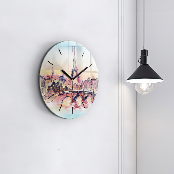 Round glass clock Painted Landscape of Paris