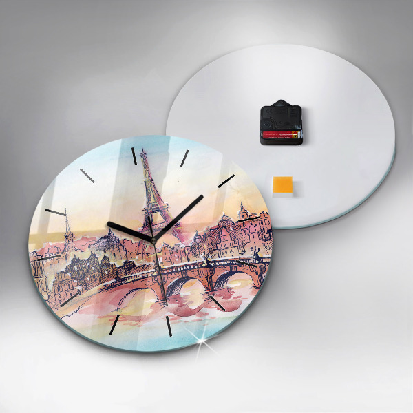 Round glass clock Painted Landscape of Paris