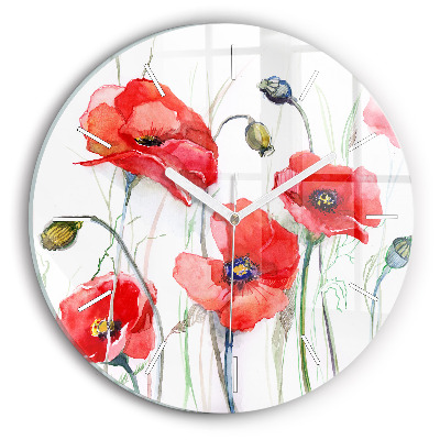 Round glass clock Painted Red Poppies