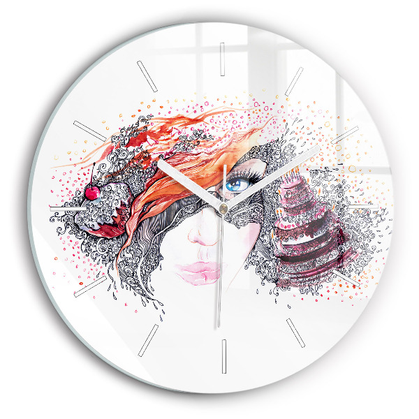 Round glass clock Sweet woman with cake