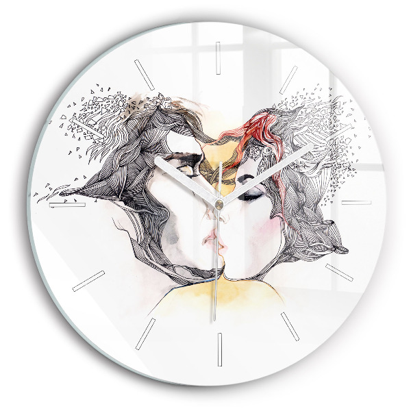 Round glass clock Love kiss drawing