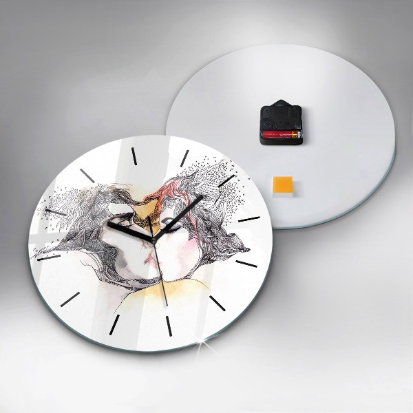Round glass clock Love kiss drawing