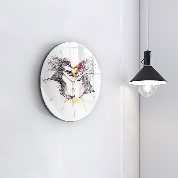 Round glass clock Love kiss drawing