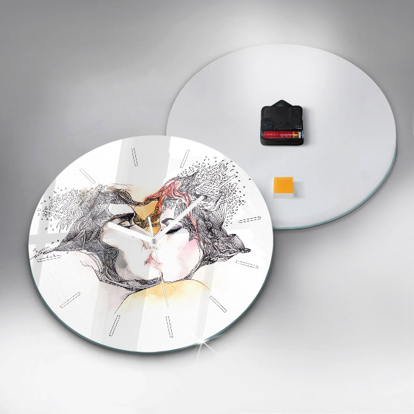 Round glass clock Love kiss drawing