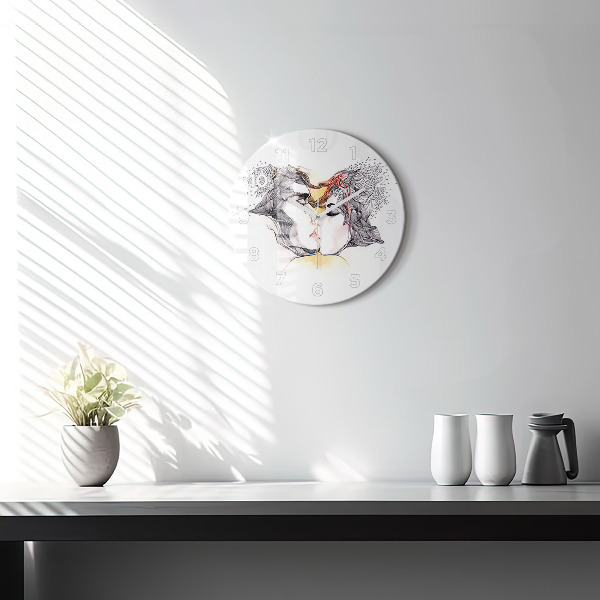 Round glass clock Love kiss drawing