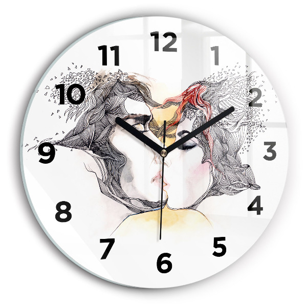Round glass clock Love kiss drawing