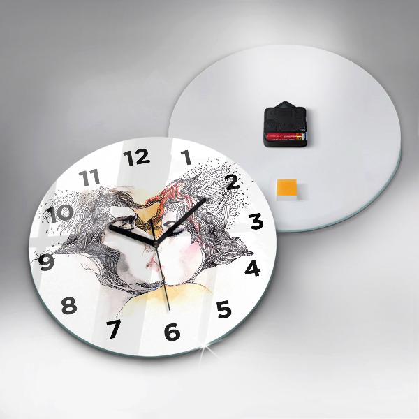 Round glass clock Love kiss drawing