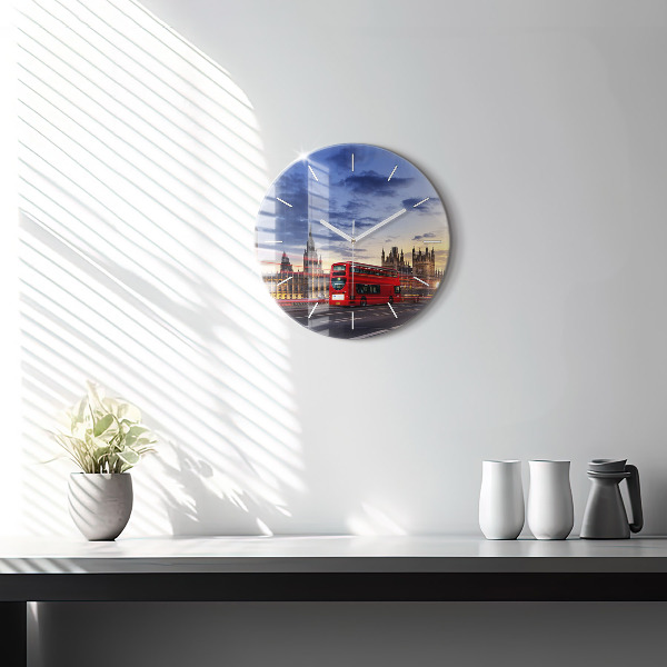 Round glass clock Red London Bus