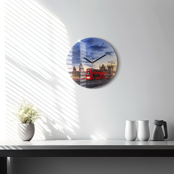 Round glass clock Red London Bus