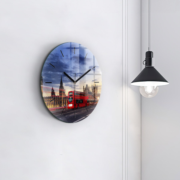 Round glass clock Red London Bus
