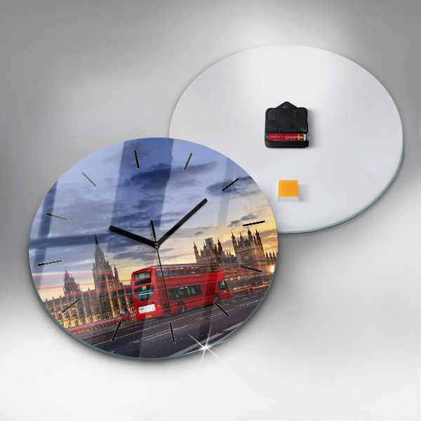 Round glass clock Red London Bus