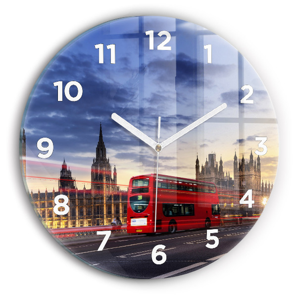Round glass clock Red London Bus