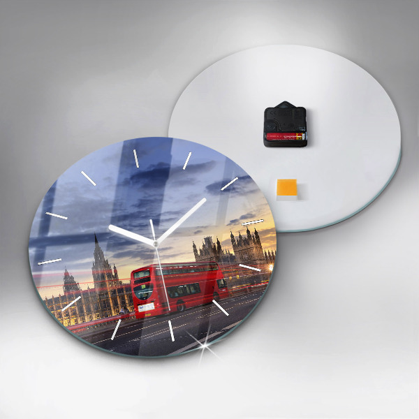 Round glass clock Red London Bus