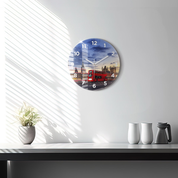 Round glass clock Red London Bus