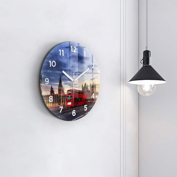 Round glass clock Red London Bus